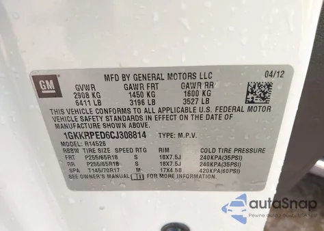 2012 GMC Acadia Sle z USA, uszkodzony, nr VIN 1GKKRPED6CJ308814